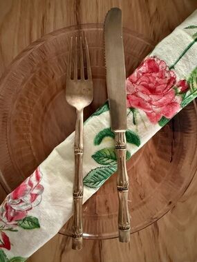 Vintage Brass-Finish Bamboo Handle Fork and Knife Set - 20 Piece